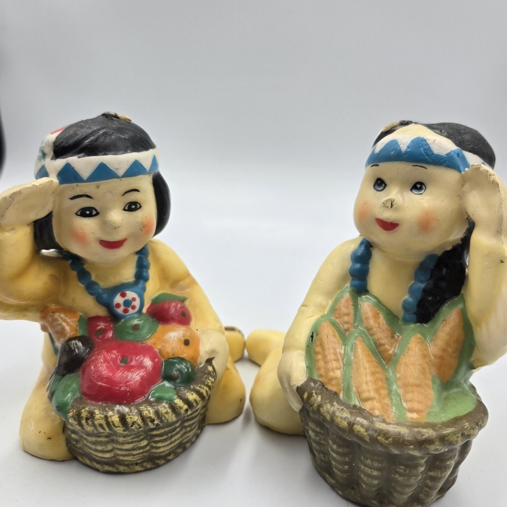 Vintage Set New Novelty Native American Thanksgiving Pilgrim Boy Girl Candles‎